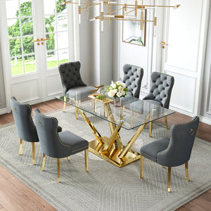 DT034G 7-Piece Sintered Stone Dining Set + 6 Grey Velvet Chairs (Gold)