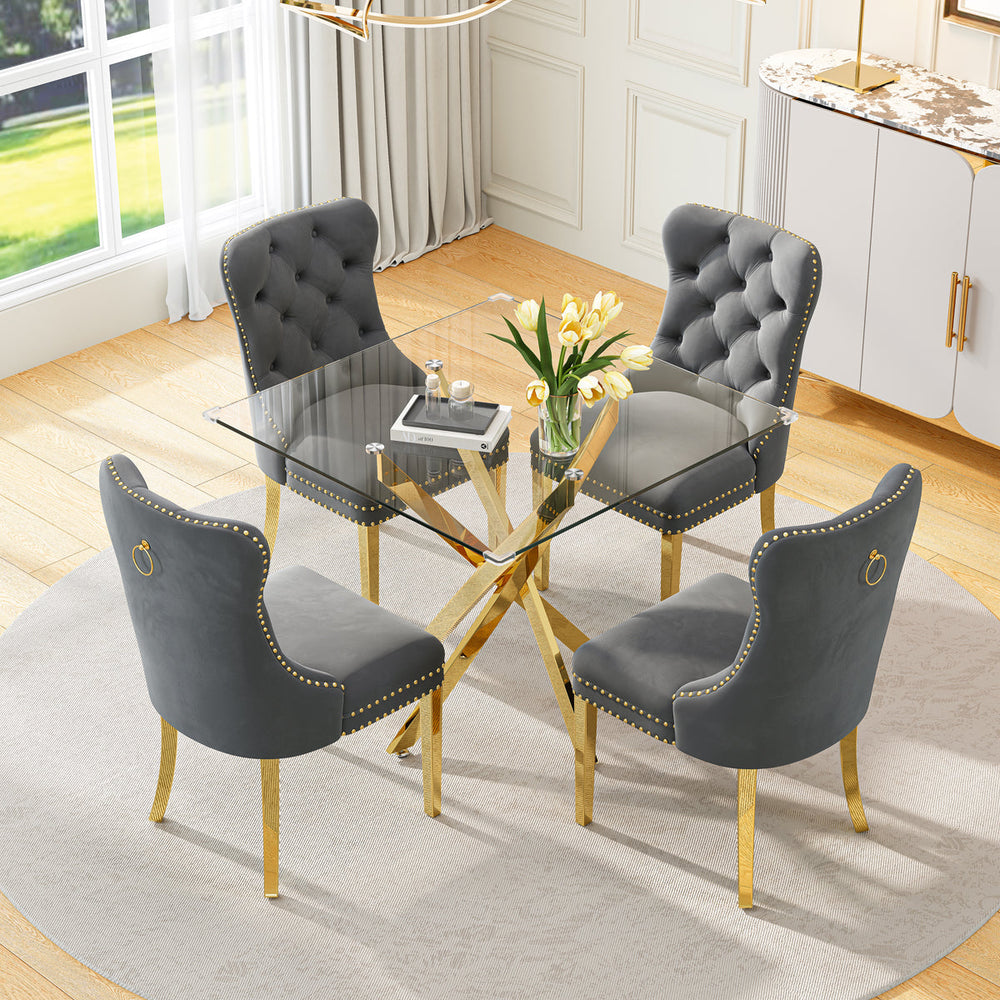 DT668G 5-Piece 42" Glass Dining Set + 4 Grey Velvet Chairs (Gold) ZEMORN