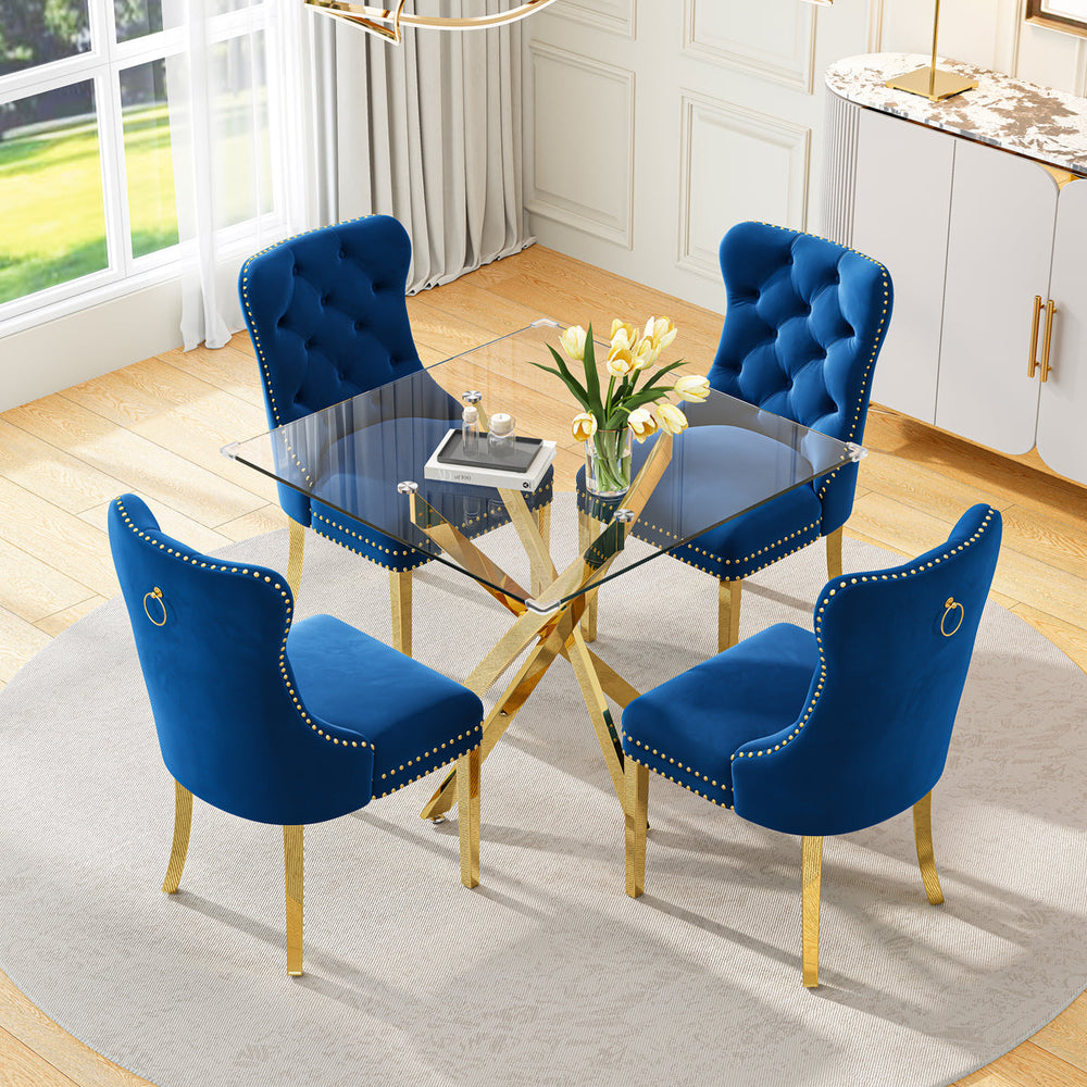 DT668G 5-Piece 42" Glass Dining Set + 4 Blue Velvet Chairs (Gold) ZEMORN