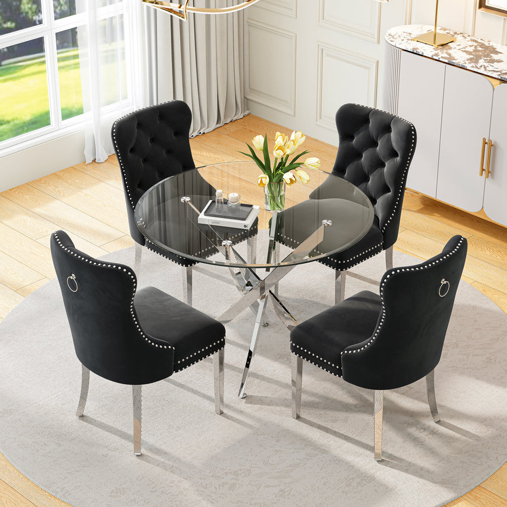 DT666S 5-Piece 36" Glass Dining Set + 4 Black Velvet Chairs (Silver) Zemorn