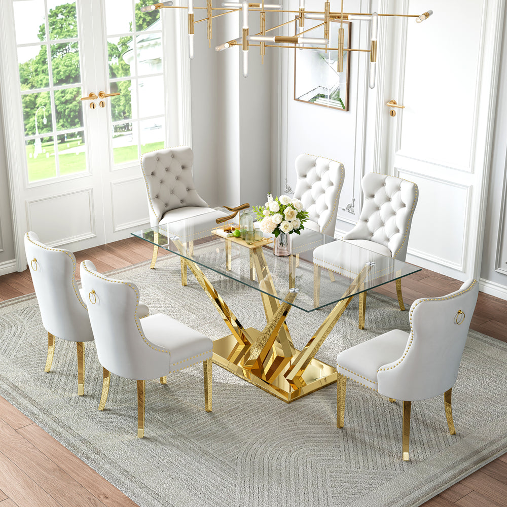 DT034G 7-Piece Sintered Stone Dining Set + 6 White Velvet Chairs (Gold)