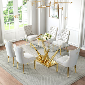 DT034G 7-Piece Sintered Stone Dining Set + 6 White Velvet Chairs (Gold)
