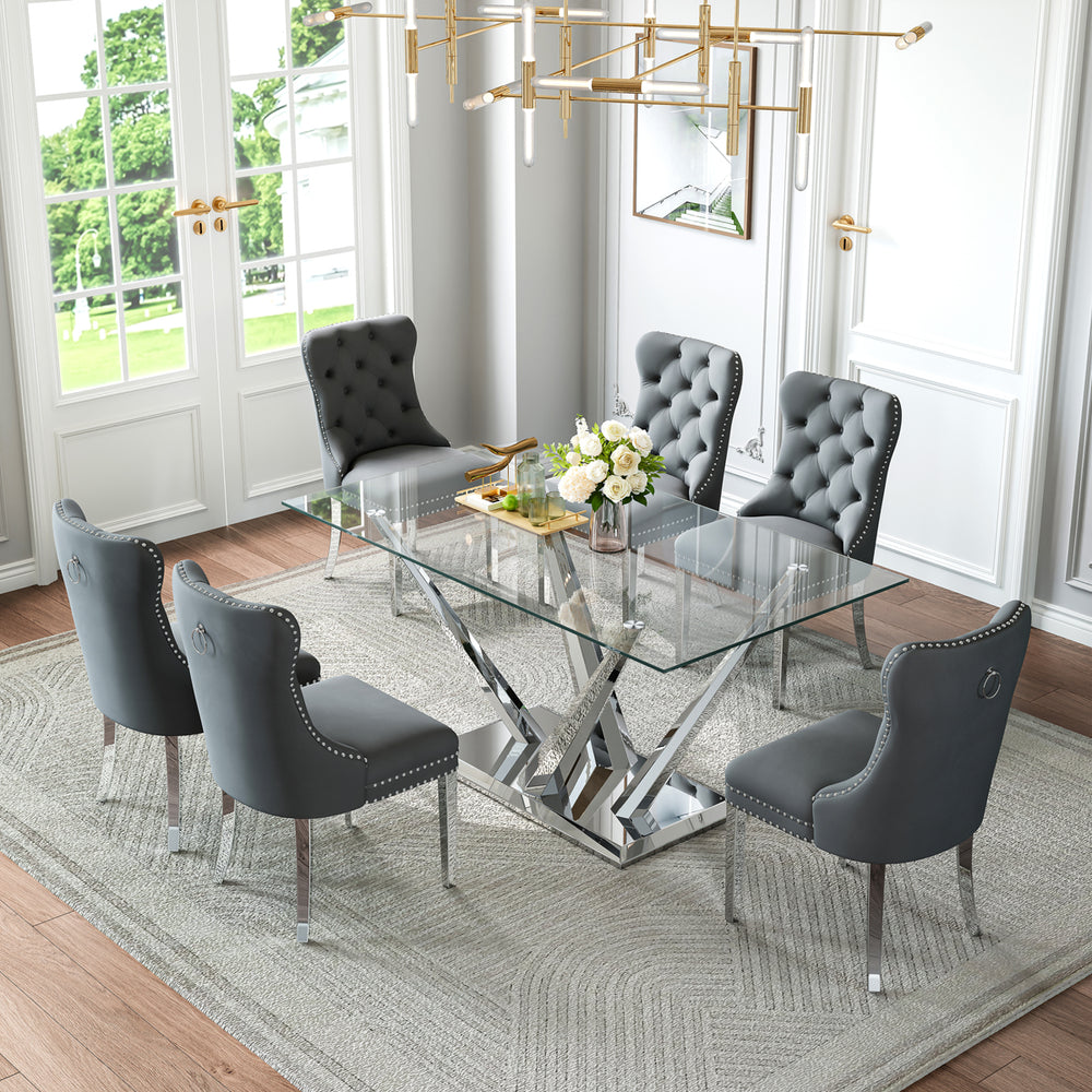 DT034S 7-Piece Sintered Stone Dining Set + 6 Grey Velvet Chairs (Silver)
