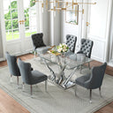 DT034S 7-Piece Sintered Stone Dining Set + 6 Grey Velvet Chairs (Silver)