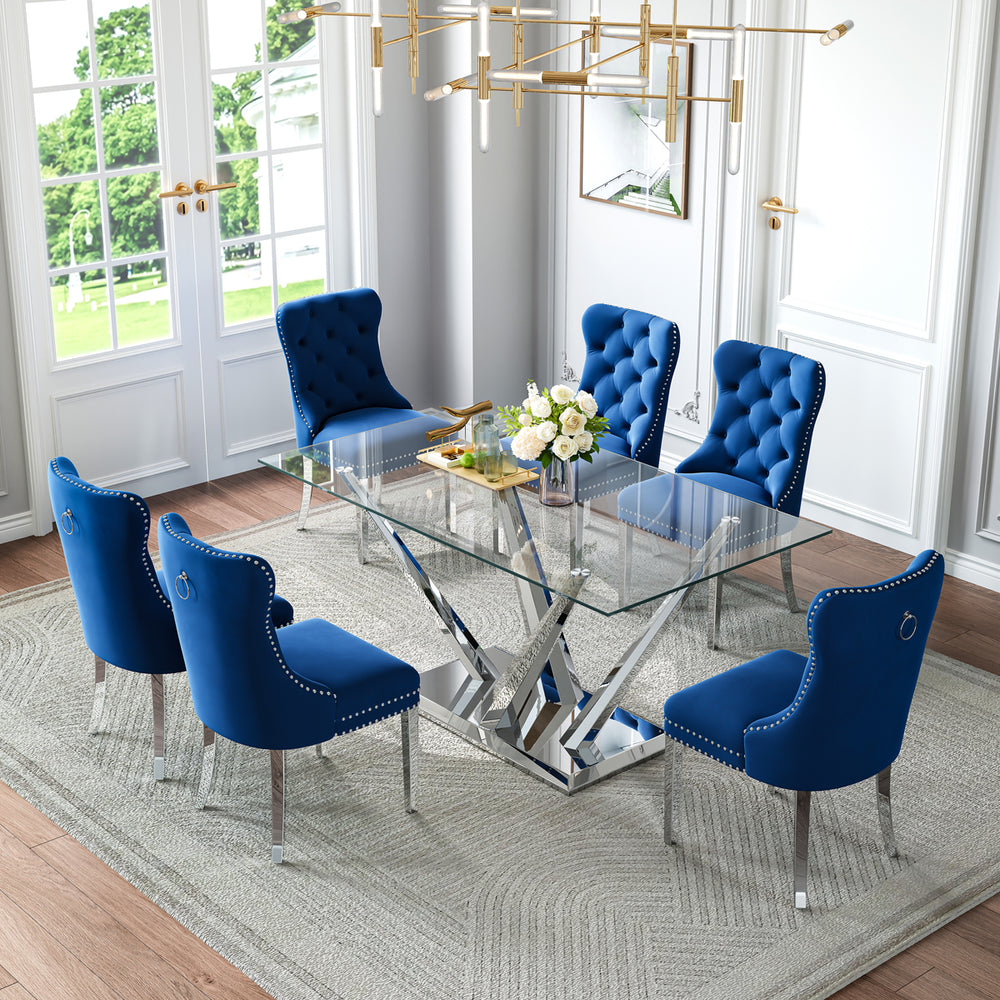DT034S 7-Piece Sintered Stone Dining Set + 6 Blue Velvet Chairs (Silver)