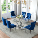 DT034S 7-Piece Sintered Stone Dining Set + 6 Blue Velvet Chairs (Silver)