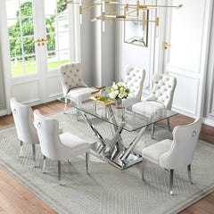 DT034S 7-Piece Sintered Stone Dining Set + 6 White Velvet Chairs (Silver)