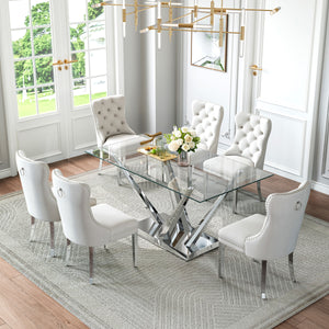 DT034S 7-Piece Sintered Stone Dining Set + 6 White Velvet Chairs (Silver)