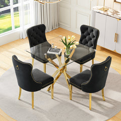 DT668G 5-Piece 42" Glass Dining Set + 4 Black Velvet Chairs (Gold) ZEMORN