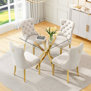 DT668G 5-Piece 42" Glass Dining Set + 4 White Velvet Chairs (Gold) ZEMORN