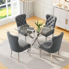 DT668S 5-Piece 42" Glass Dining Set + 4 Grey Velvet Chairs (Silver) ZEMORN