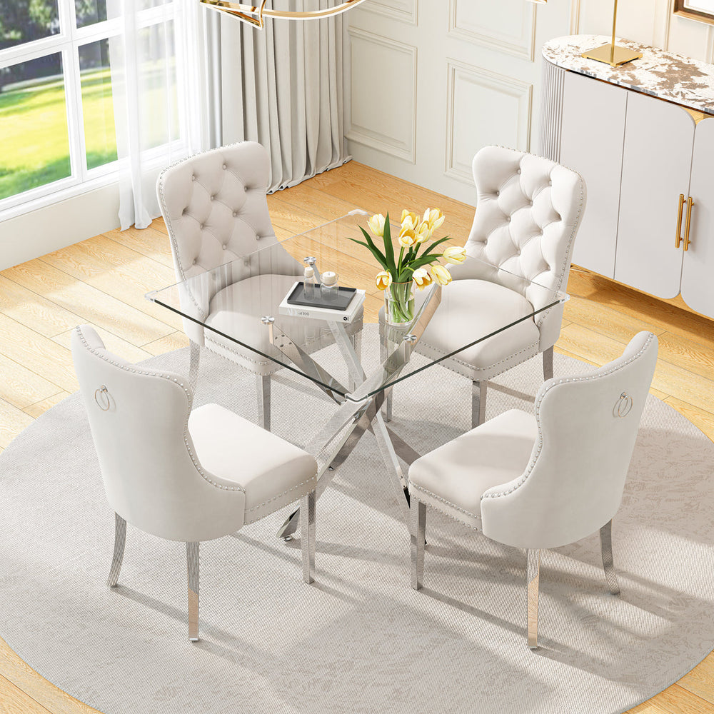 DT668S 5-Piece 42" Glass Dining Set + 4 White Velvet Chairs (Silver) ZEMORN