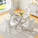 DT668S 5-Piece 42" Glass Dining Set + 4 White Velvet Chairs (Silver) ZEMORN
