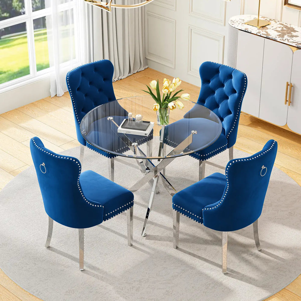 DT666S 5-Piece 36" Glass Dining Set + 4 Blue Velvet Chairs (Silver) ZEMORN