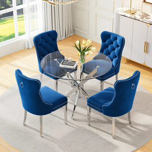 DT666S 5-Piece 36" Glass Dining Set + 4 Blue Velvet Chairs (Silver) ZEMORN