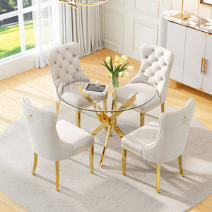 DT666G 5-Piece 36" Glass Dining Set + 4 White Velvet Chairs (Gold) ZEMORN