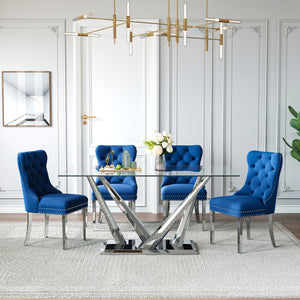 DT034S 7-Piece Sintered Stone Dining Set + 6 Blue Velvet Chairs (Silver)