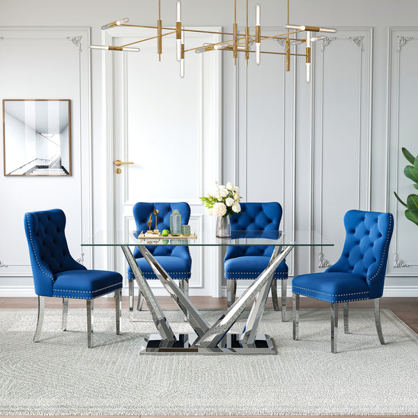 DT034S 7-Piece Sintered Stone Dining Set + 6 Blue Velvet Chairs (Silver)