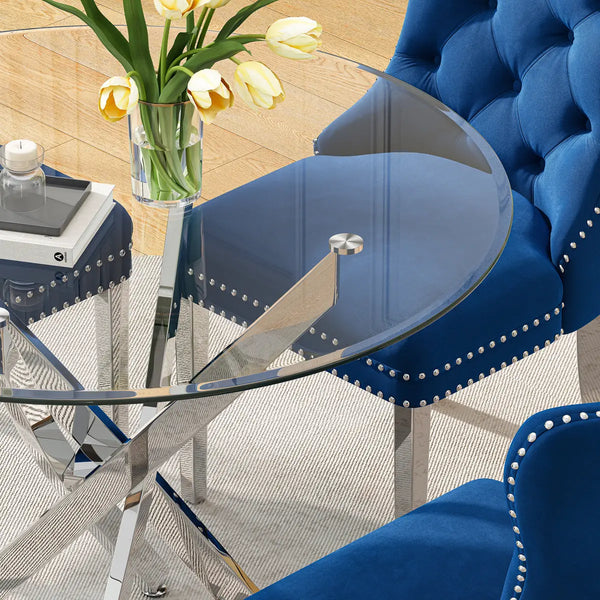 DT666S 5-Piece 36" Glass Dining Set + 4 Blue Velvet Chairs (Silver) ZEMORN
