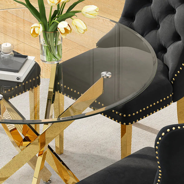 DT666G 5-Piece 36" Glass Dining Set + 4 Black Velvet Chairs (Gold) ZEMORN