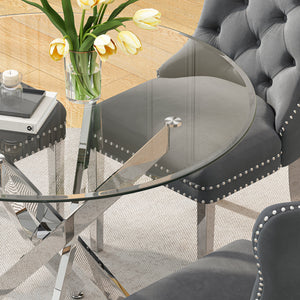 DT666S 5-Piece 36" Glass Dining Set + 4 Grey Velvet Chairs (Silver) Zemorn