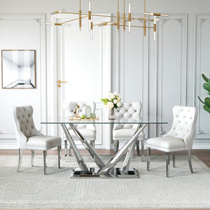 DT034S 7-Piece Sintered Stone Dining Set + 6 White Velvet Chairs (Silver)