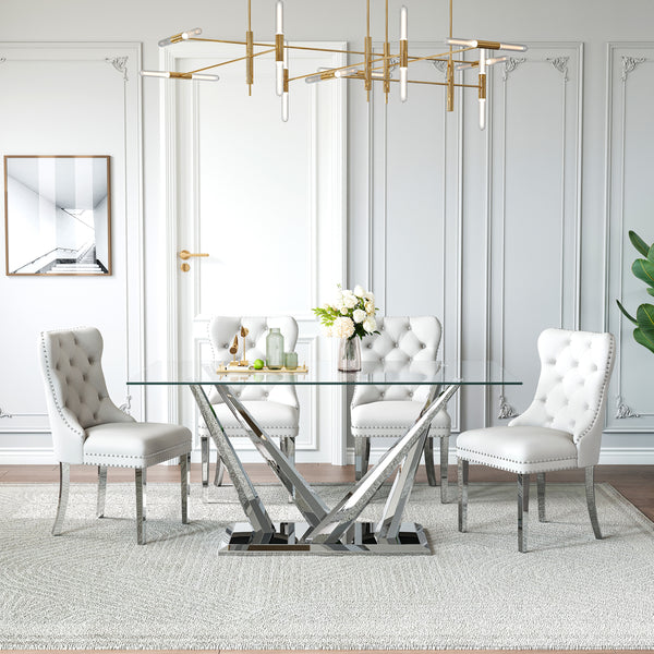 DT034S 7-Piece Sintered Stone Dining Set + 6 White Velvet Chairs (Silver)