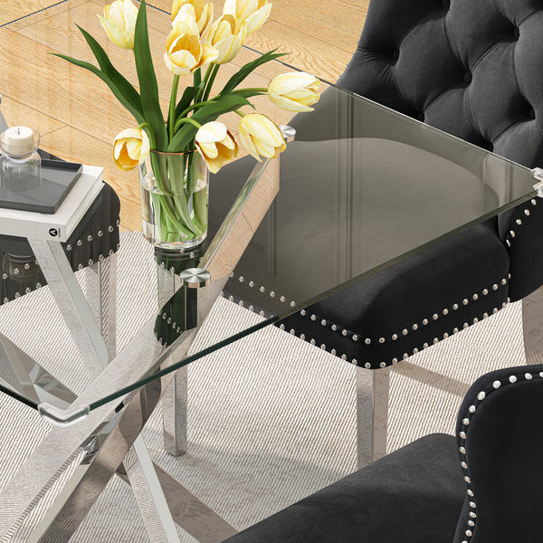 DT668S 5-Piece 42" Glass Dining Set + 4 Black Velvet Chairs (Silver) ZEMORN