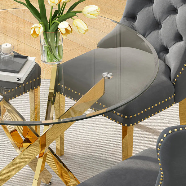 DT666G 5-Piece 36" Glass Dining Set + 4 Grey Velvet Chairs (Gold) ZEMORN