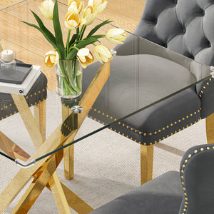 DT668G 5-Piece 42" Glass Dining Set + 4 Grey Velvet Chairs (Gold) ZEMORN
