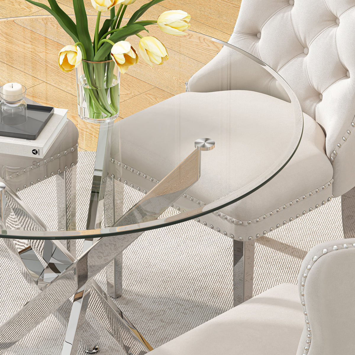 DT666S 5-Piece 36" Glass Dining Set + 4 White Velvet Chairs (Silver) Zemorn