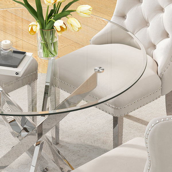 DT666S 5-Piece 36" Glass Dining Set + 4 White Velvet Chairs (Silver) Zemorn