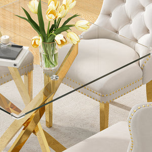 DT668G 5-Piece 42" Glass Dining Set + 4 White Velvet Chairs (Gold) ZEMORN