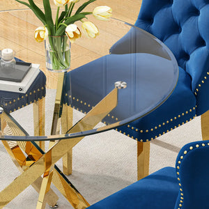 DT666G 5-Piece 36" Glass Dining Set + 4 Blue Velvet Chairs (Gold) ZEMORN