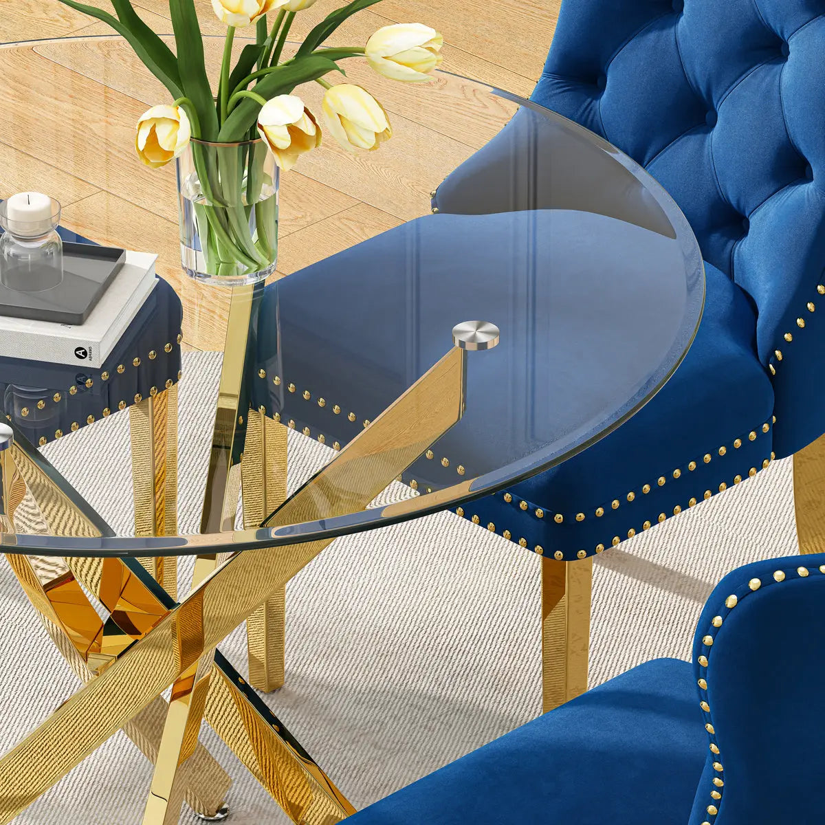 DT666G 5-Piece 36" Glass Dining Set + 4 Blue Velvet Chairs (Gold) ZEMORN