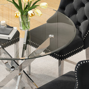 DT666S 5-Piece 36" Glass Dining Set + 4 Black Velvet Chairs (Silver) Zemorn