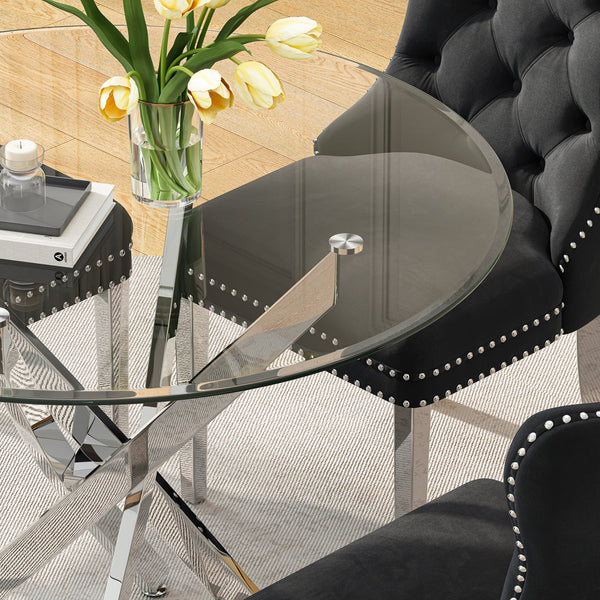 DT666S 5-Piece 36" Glass Dining Set + 4 Black Velvet Chairs (Silver) Zemorn
