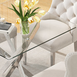DT668S 5-Piece 42" Glass Dining Set + 4 White Velvet Chairs (Silver) ZEMORN
