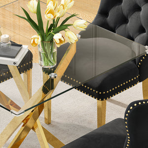 DT668G 5-Piece 42" Glass Dining Set + 4 Black Velvet Chairs (Gold) ZEMORN
