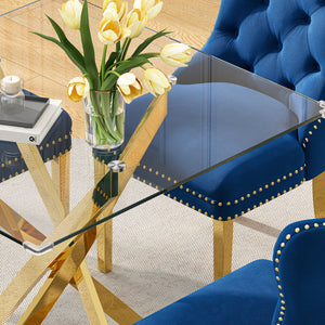 DT668G 5-Piece 42" Glass Dining Set + 4 Blue Velvet Chairs (Gold) ZEMORN
