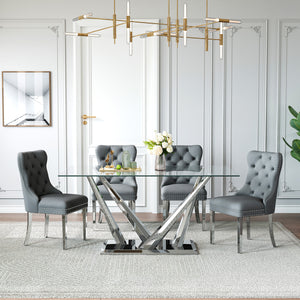 DT034S 7-Piece Sintered Stone Dining Set + 6 Grey Velvet Chairs (Silver)