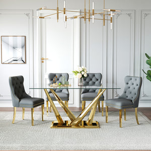DT034G 7-Piece Sintered Stone Dining Set + 6 Grey Velvet Chairs (Gold)