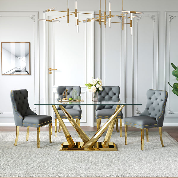 DT034G 7-Piece Sintered Stone Dining Set + 6 Grey Velvet Chairs (Gold)