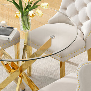 DT666G 5-Piece 36" Glass Dining Set + 4 White Velvet Chairs (Gold) ZEMORN