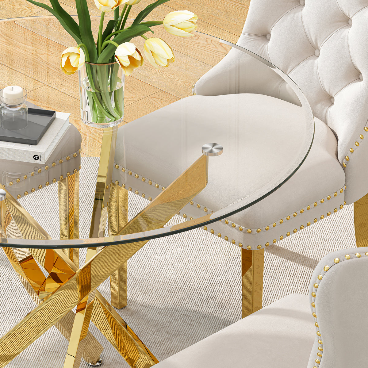 DT666G 5-Piece 36" Glass Dining Set + 4 White Velvet Chairs (Gold) ZEMORN