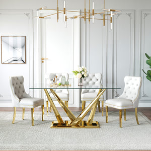 DT034G 7-Piece Sintered Stone Dining Set + 6 White Velvet Chairs (Gold)
