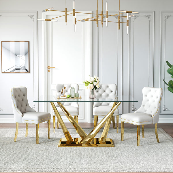 DT034G 7-Piece Sintered Stone Dining Set + 6 White Velvet Chairs (Gold)