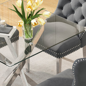 DT668S 5-Piece 42" Glass Dining Set + 4 Grey Velvet Chairs (Silver) ZEMORN