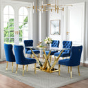 #DT034G-2+6DCK88GBU 63 Inch Glass Dining Set, 4 or 6 Chairs Blue Velvet Chairs Gold Base Detail View