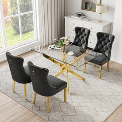 RDT919G 5-Piece Glass Dining Set + 4 Black Velvet Chairs (Gold)